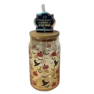 Iridescent Pumpkin Halloween Orange & White Glass Tumbler w/Lid & Straw - 15 oz